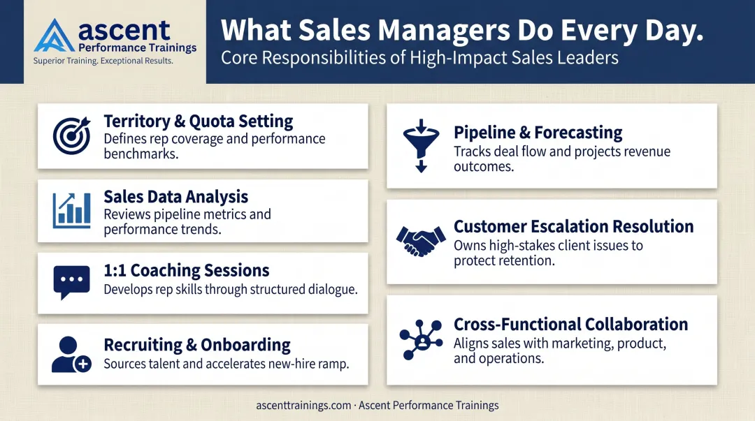 7 core sales manager daily responsibilities process overview infographic