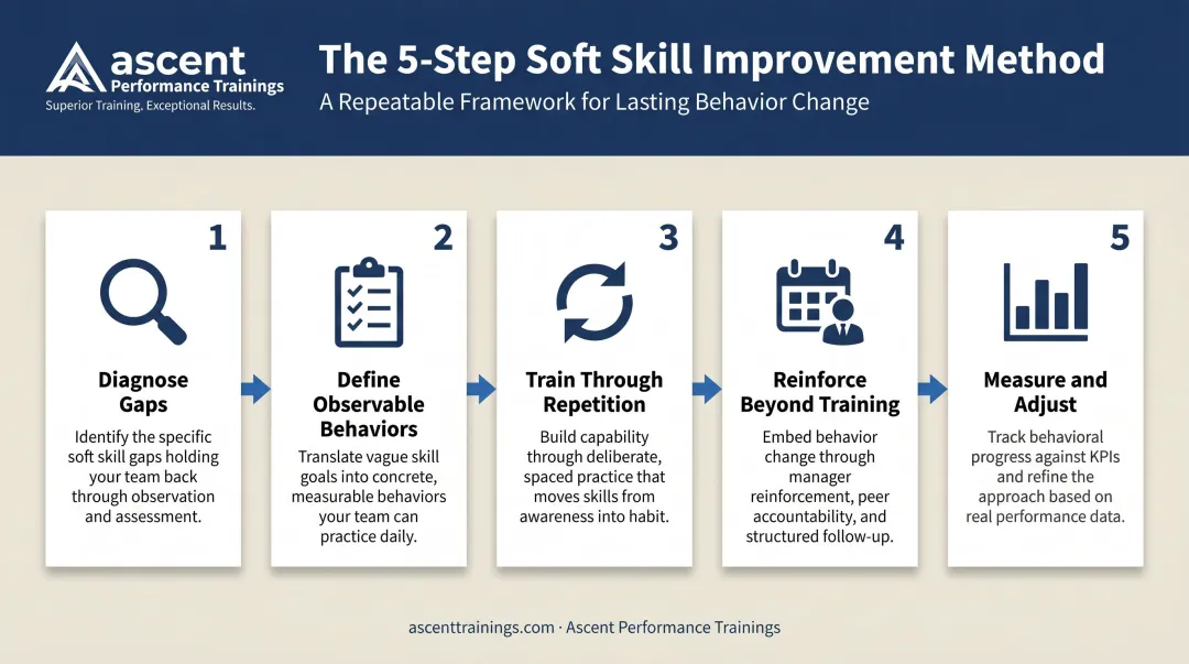 Five-step customer service soft skills improvement process from diagnosis to measurement
