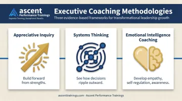 Three executive coaching methodologies infographic with icons and key principles