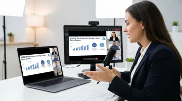 Sales rep practicing virtual demo on video call platform with recorded playback