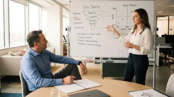 Confident sales rep presenting territory strategy to sales coach in modern office