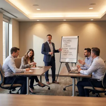 Sales training workshop with participants practicing core selling techniques