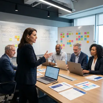 Leadership coach facilitating a global executive training session