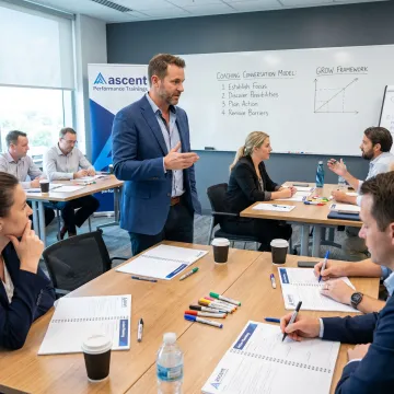 Leadership trainer guiding managers through a workshop process