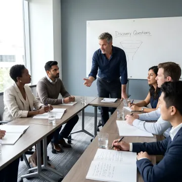 Sales training workshop with participants practicing core selling techniques