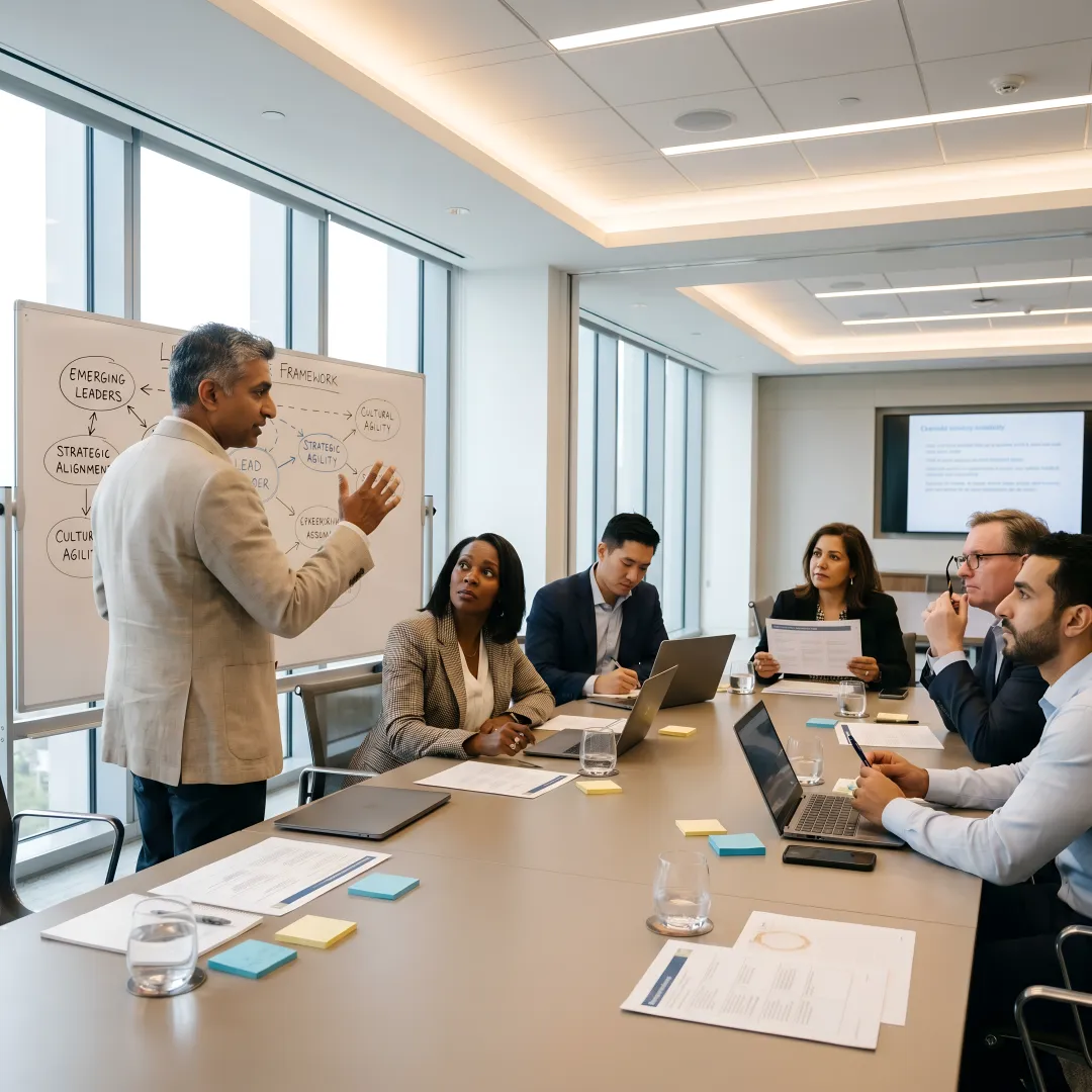 Leadership coach facilitating a global executive training session