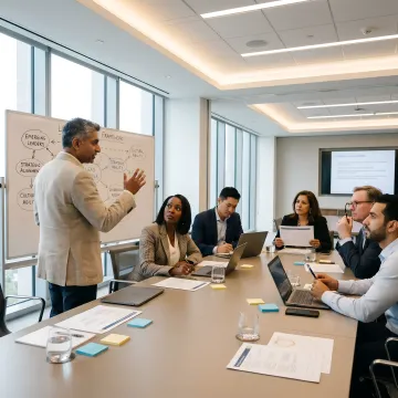 Leadership coach facilitating a global executive training session