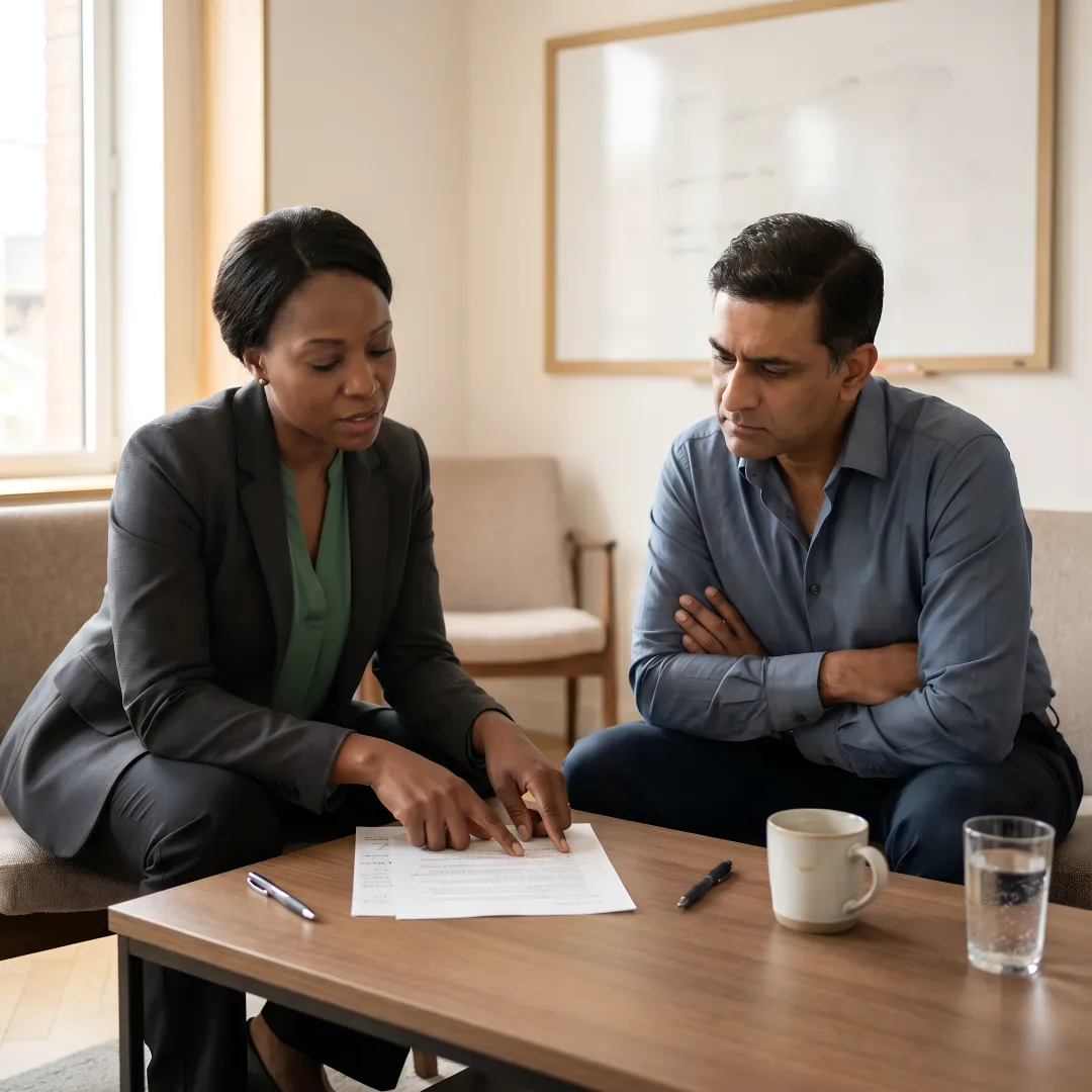 Executive coach reviewing leadership assessment with client