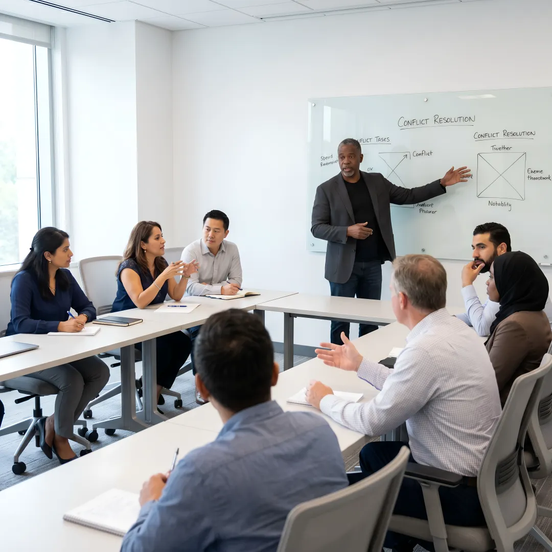 Facilitator coaching leaders through workplace scenarios