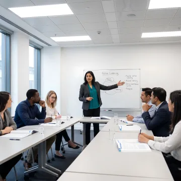 Leadership course facilitator coaching a team