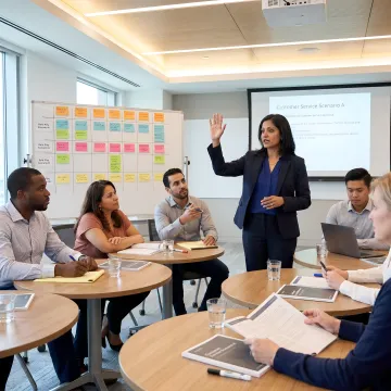 Customer service training facilitator leading workshop