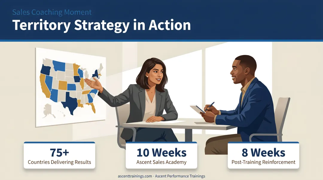 Confident sales rep presenting territory strategy to sales coach in modern office