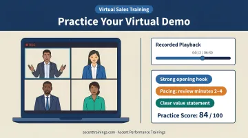 Sales rep practicing virtual demo on video call platform with recorded playback