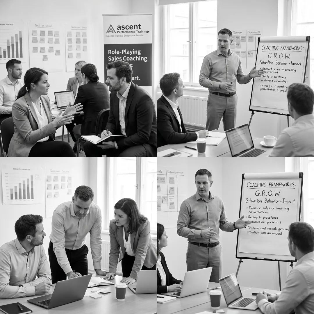 Sales managers practicing leadership coaching in a workshop