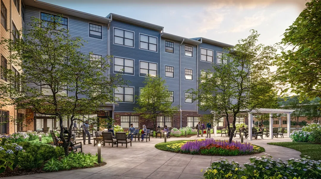 Senior living community residential development with landscaped walkways and amenities