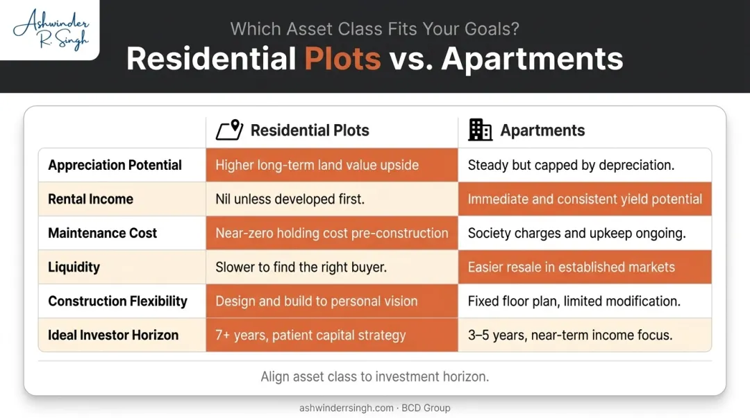 Residential plots versus apartments investment comparison across six key decision factors