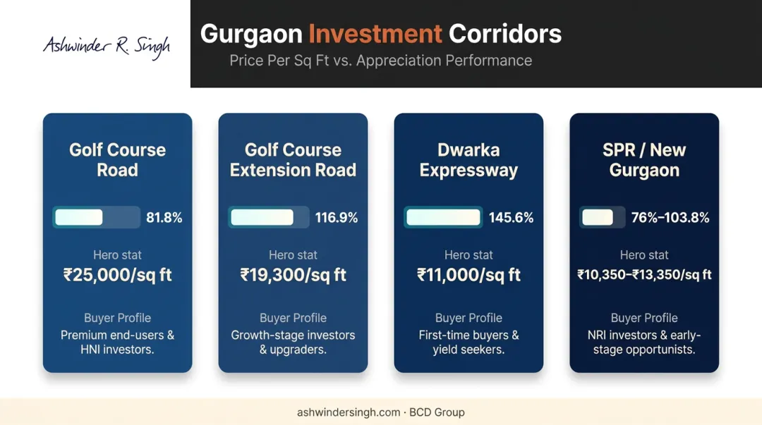 Gurgaon investment corridors comparison showing price per sq ft and five-year appreciation