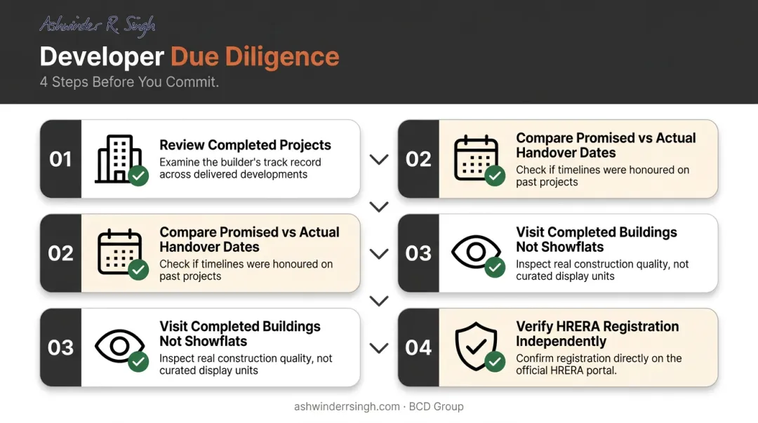 Four-step developer due diligence checklist for Gurgaon property buyers process flow