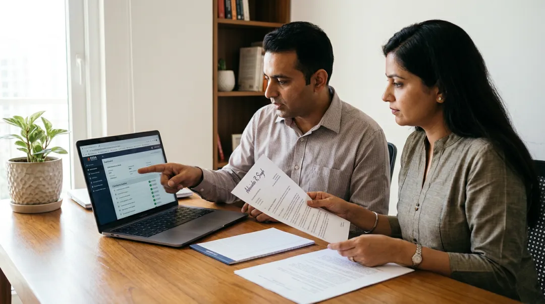 Homebuyer reviewing UPRERA property registration documents on laptop for verification