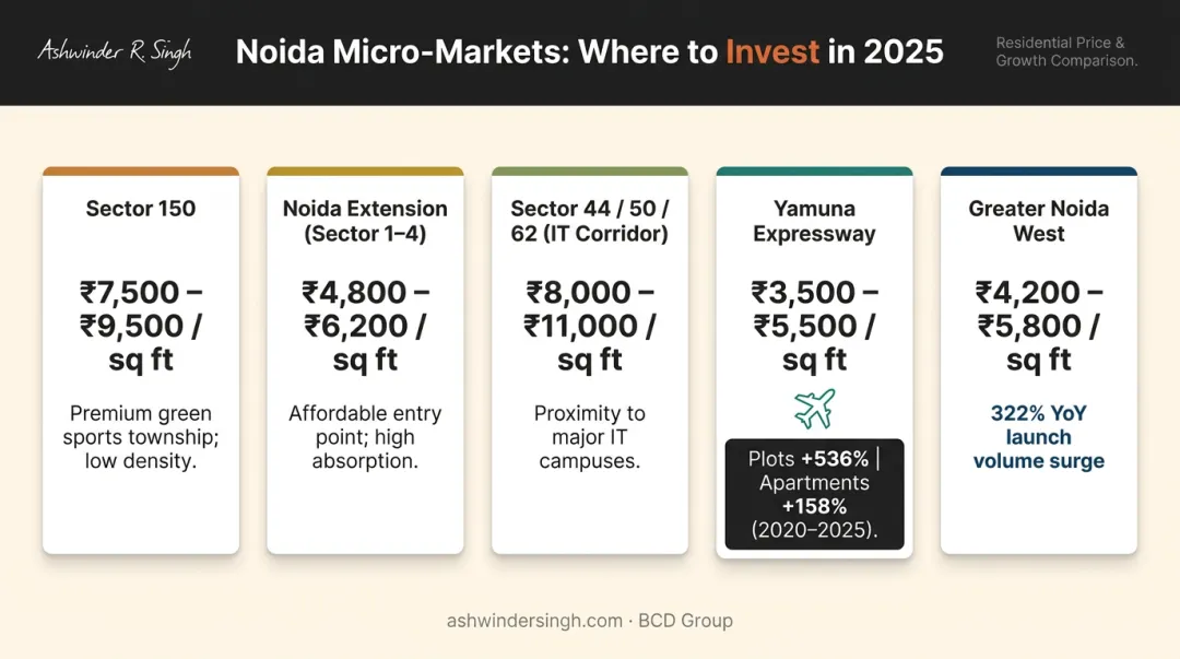Noida micro-market price appreciation comparison across five residential zones 2020 to 2025