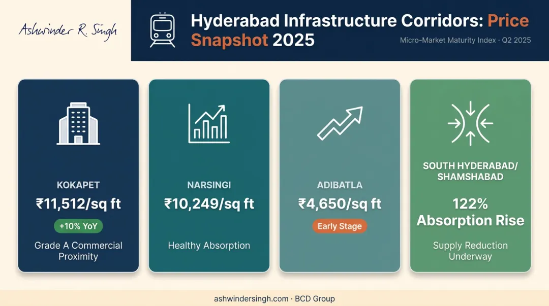 Hyderabad micro-market price comparison infographic Kokapet Narsingi Adibatla Shamshabad corridors