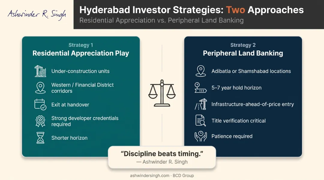 Two Hyderabad real estate investor strategies appreciation play versus land banking comparison