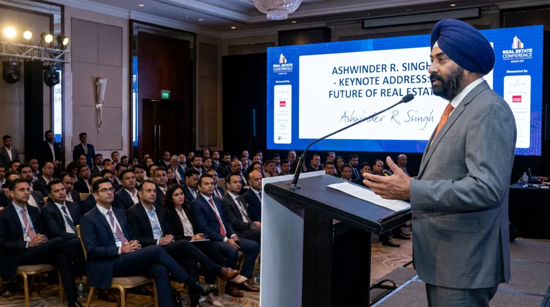 Ashwinder R Singh keynote speaking at real estate industry conference for developers