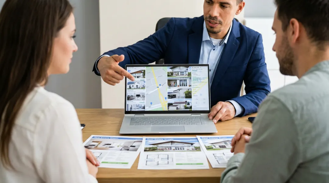 Real estate consultant advising homebuyer client with property documents and digital listings