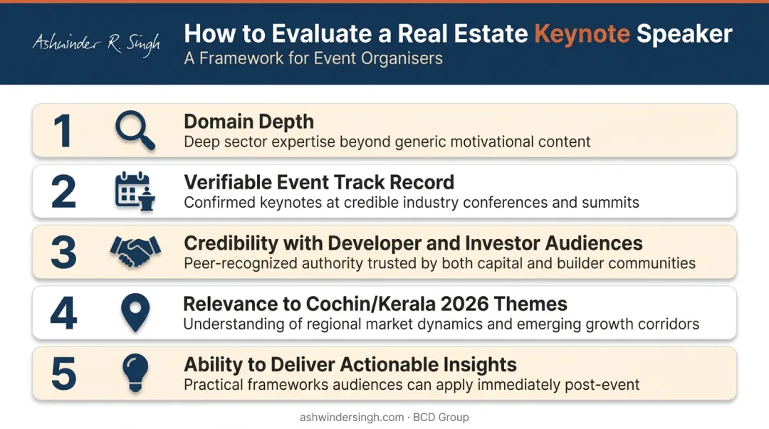 Five criteria for selecting top real estate keynote speakers for Indian industry events infographic