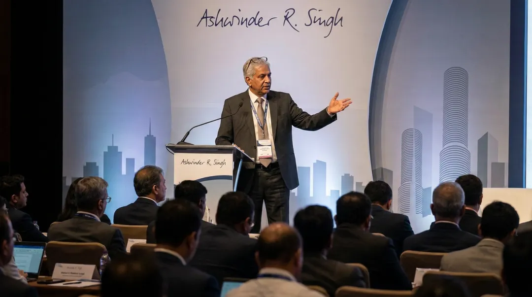 Senior real estate keynote speaker addressing large developer audience at Indian industry conclave