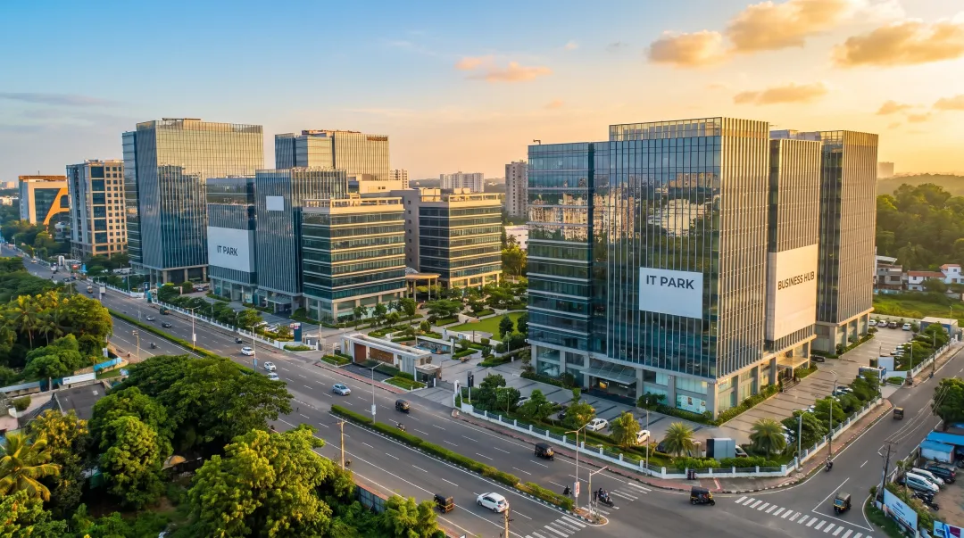 Kochi Kakkanad IT corridor Grade A commercial office buildings with Infopark campus aerial view