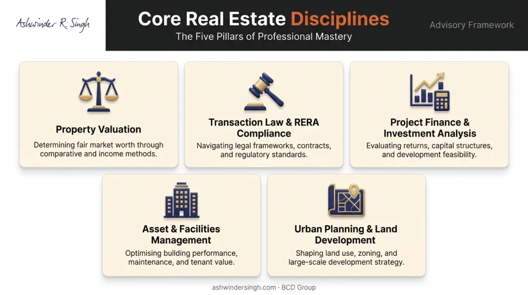 Five core real estate management disciplines infographic with icons and descriptions