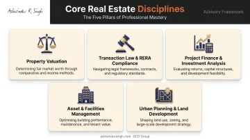 Five core real estate management disciplines infographic with icons and descriptions