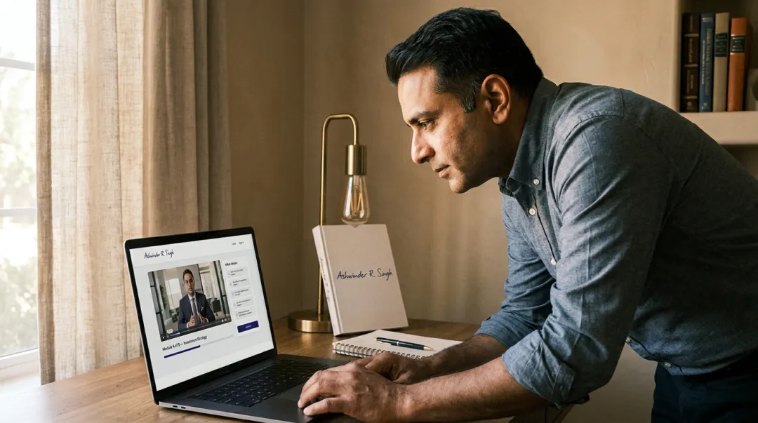 Working professional attending online real estate compliance certification course on laptop
