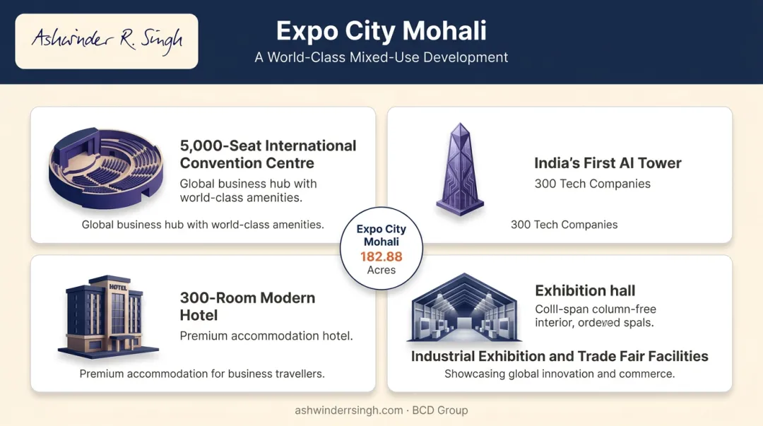Expo City Mohali master plan components including AI Tower and convention centre