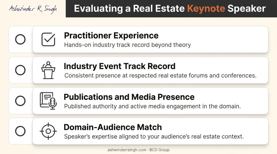 Four-point checklist for evaluating real estate keynote speakers at industry events
