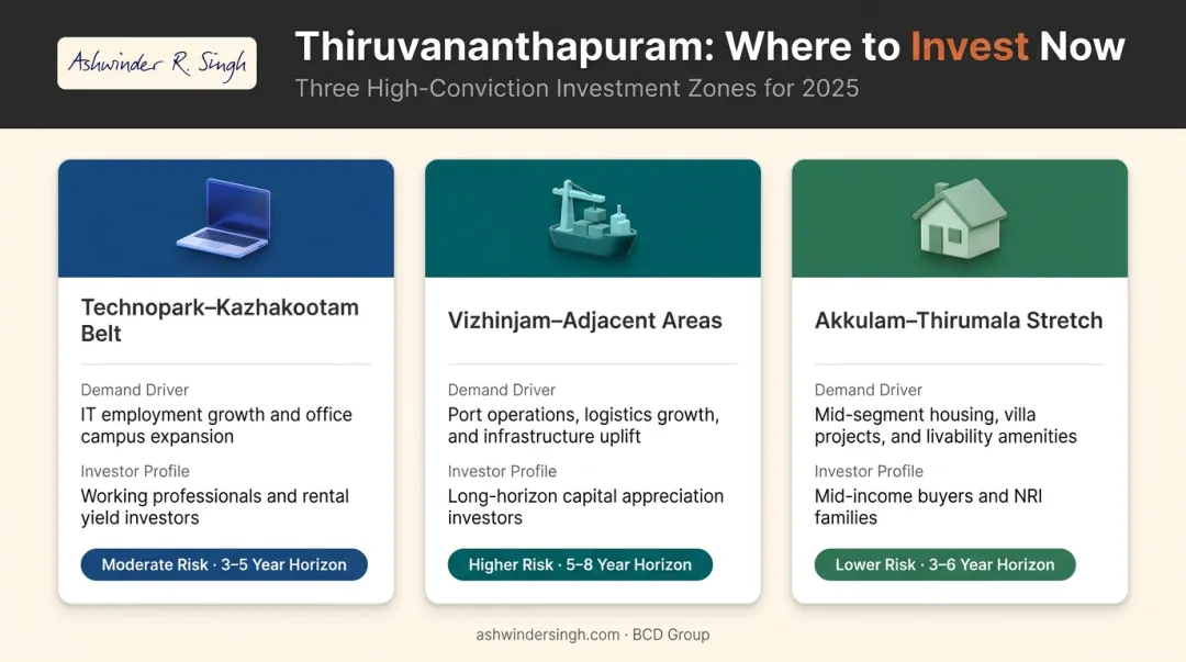 Three Thiruvananthapuram real estate investment zones demand drivers and investor profiles comparison