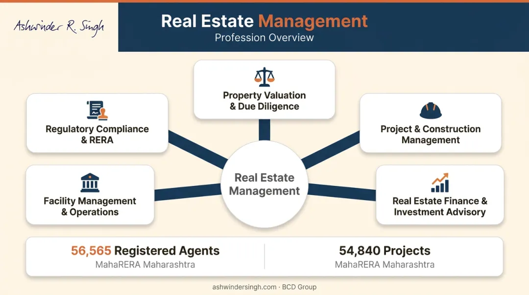 Real estate management career domains and MahaRERA registration statistics infographic
