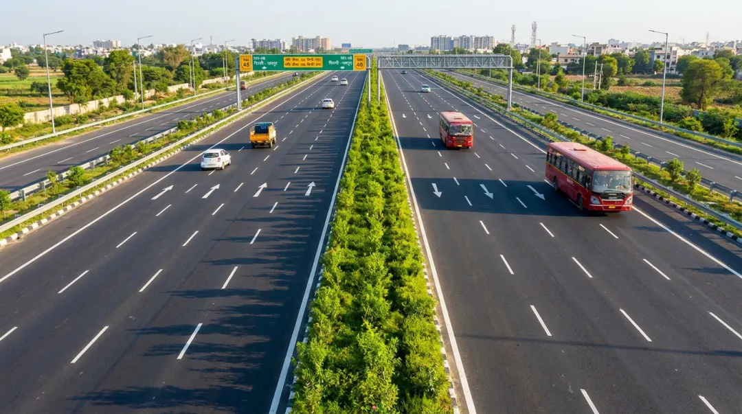 Six-lane Indian expressway highway connecting two major cities aerial view