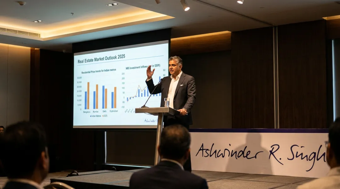 Real estate professional presenting market analysis to industry audience at conference event