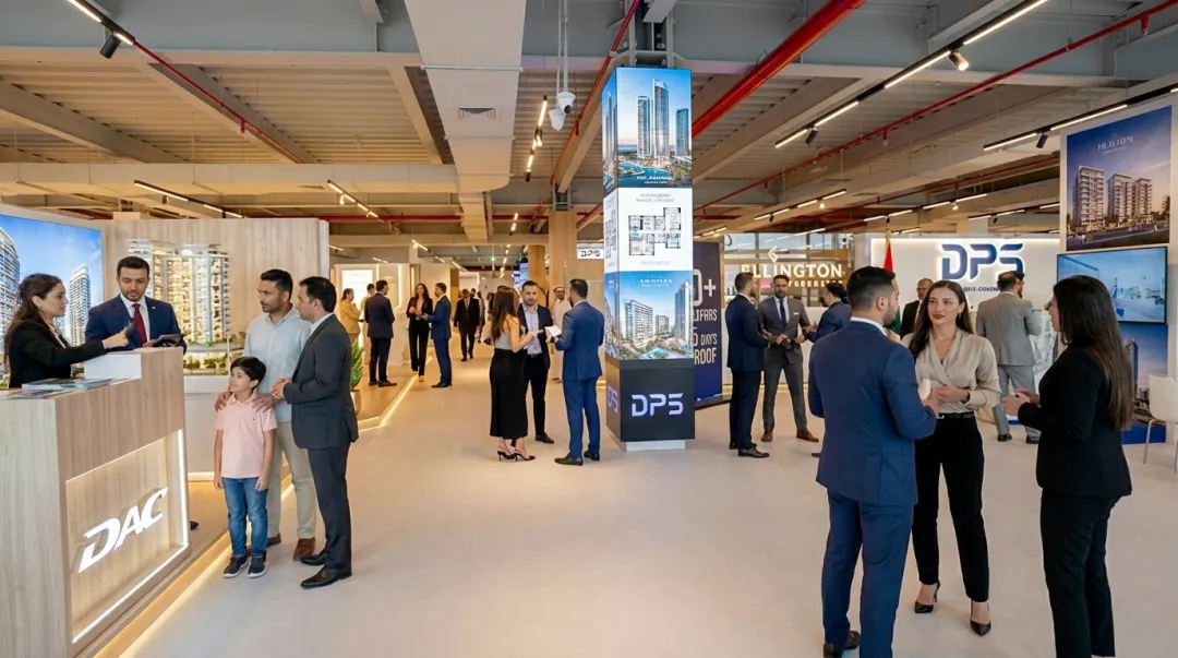CREDAI property expo floor with multiple developer stalls and homebuyer visitors