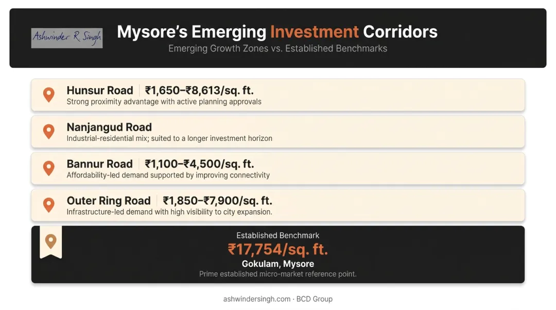 Four Mysore real estate investment corridors comparison with price ranges per square foot