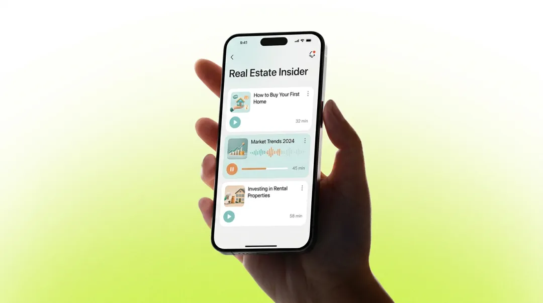 Podcast app interface showing real estate episode listings on smartphone screen
