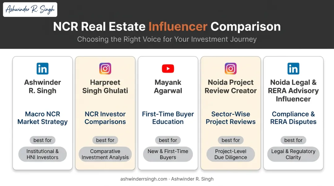Five Noida real estate influencer profiles comparison by specialty and focus area