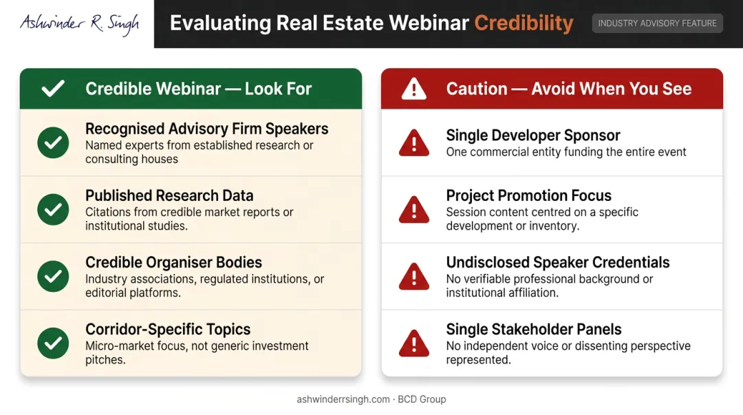 Real estate webinar evaluation checklist green flags versus red flags comparison infographic