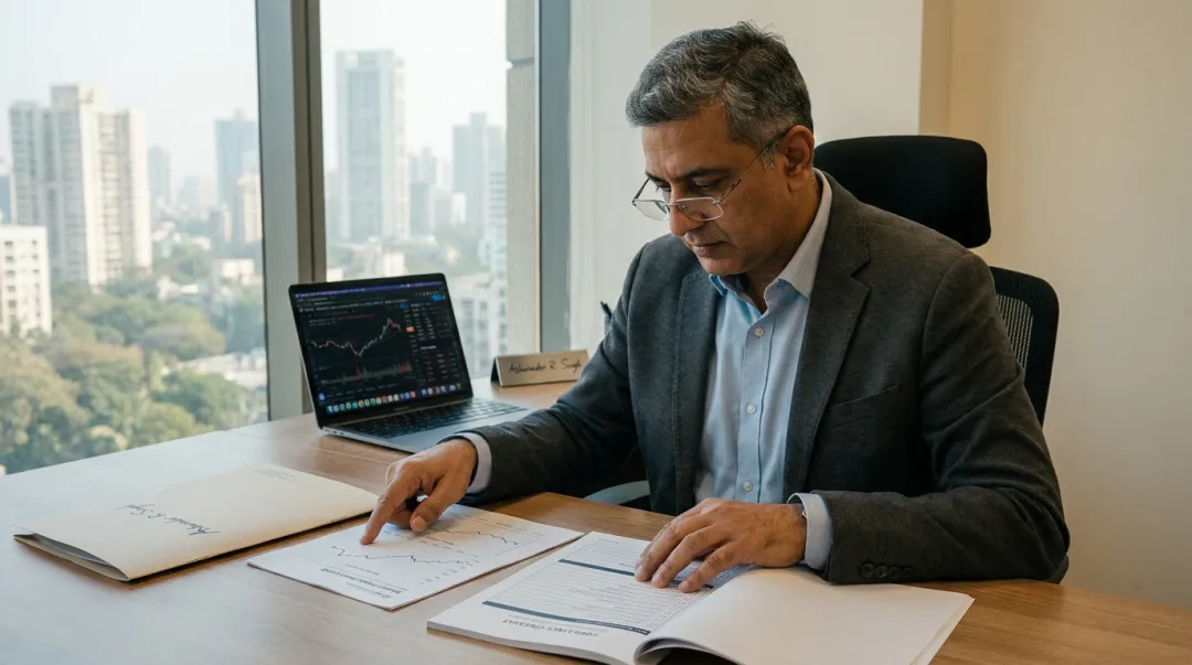 Real estate advisory expert reviewing project compliance and market data reports