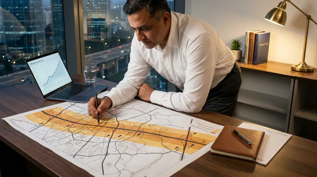 Investor analysing infrastructure corridor map with proximity zone and investment timing markers