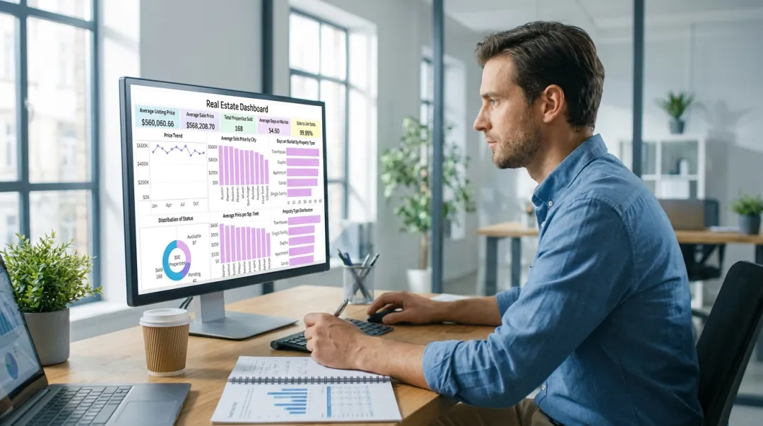 Real estate research analyst reviewing Mumbai property market data dashboard
