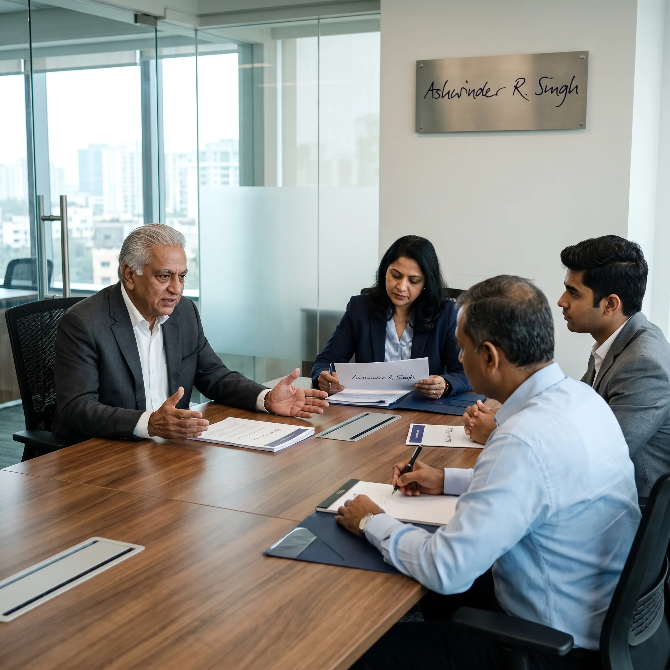 Advisor reviewing business strategy with executives