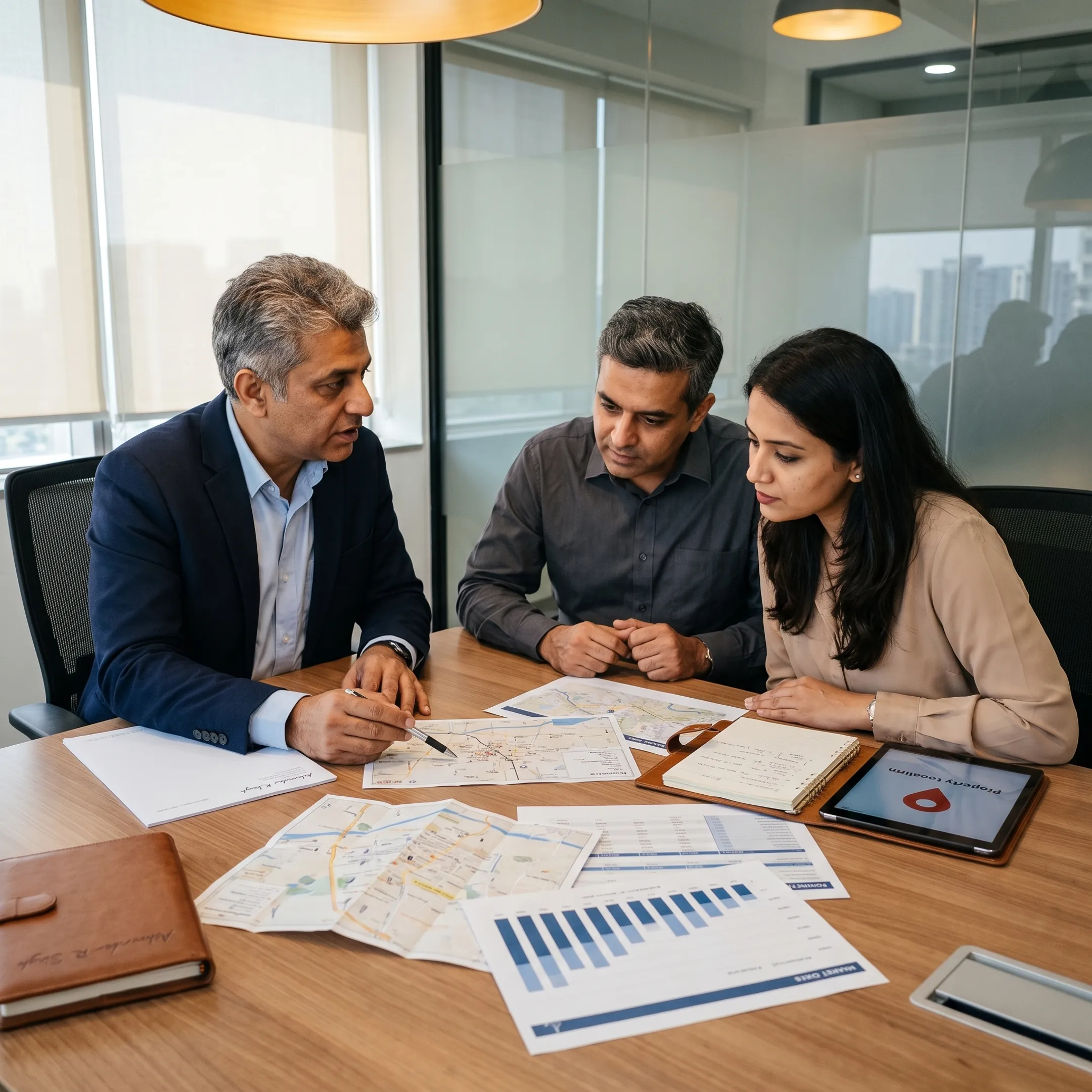 Advisor reviewing property documents and market data